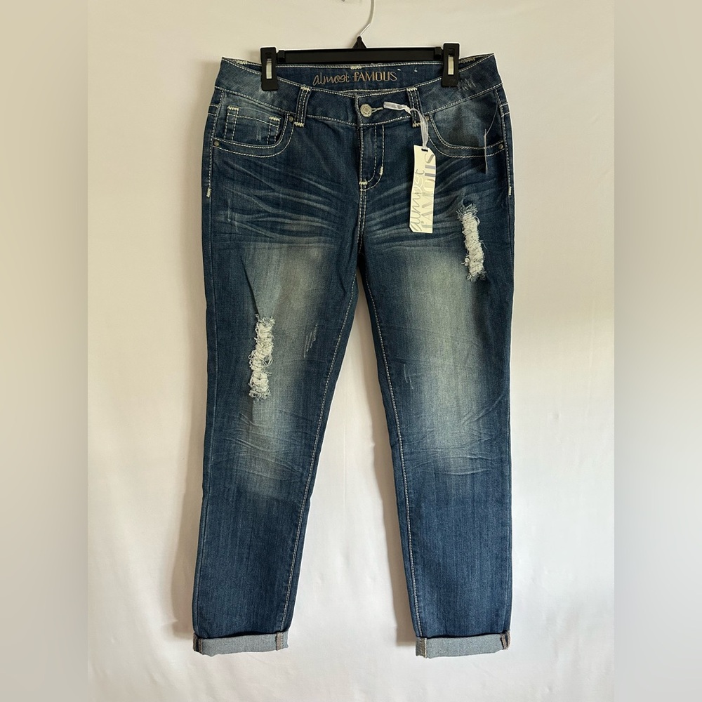 Almost Famous Jeans Women Sz 13 Stretch Distressed Blue Mid Rise Cuffed Hem